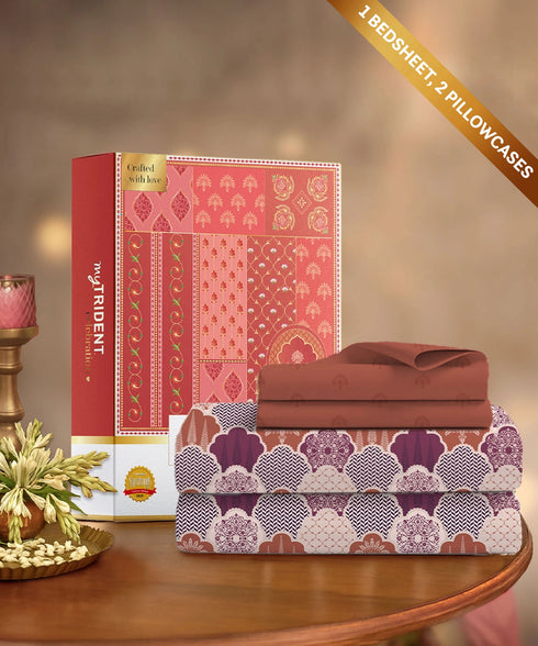 Celebration Queen Bedsheet Set, Mehfil Rust | 144 TC Cotton| 2 Pillow Covers