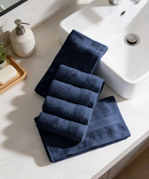 Soft Comfort 6Pc Face Towel Set,Navy|509 GSM Cotton|Air Rich Technology