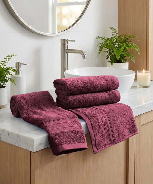 Soft Comfort 4Pc Hand Towel Set, Red Wine|509 GSM Cotton|Air Rich Technology