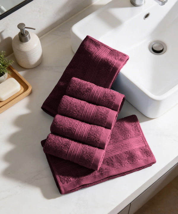 Soft Comfort 6Pc Face Towel Set, Red Wine|509 GSM Cotton|Air Rich Technology