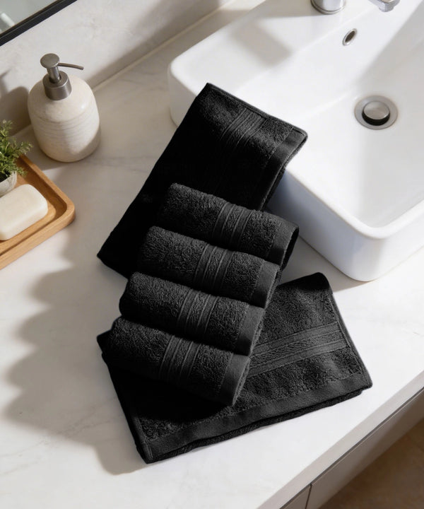Soft Comfort 6Pc Face Towel Set, Black|509 GSM Cotton|Air Rich Technology