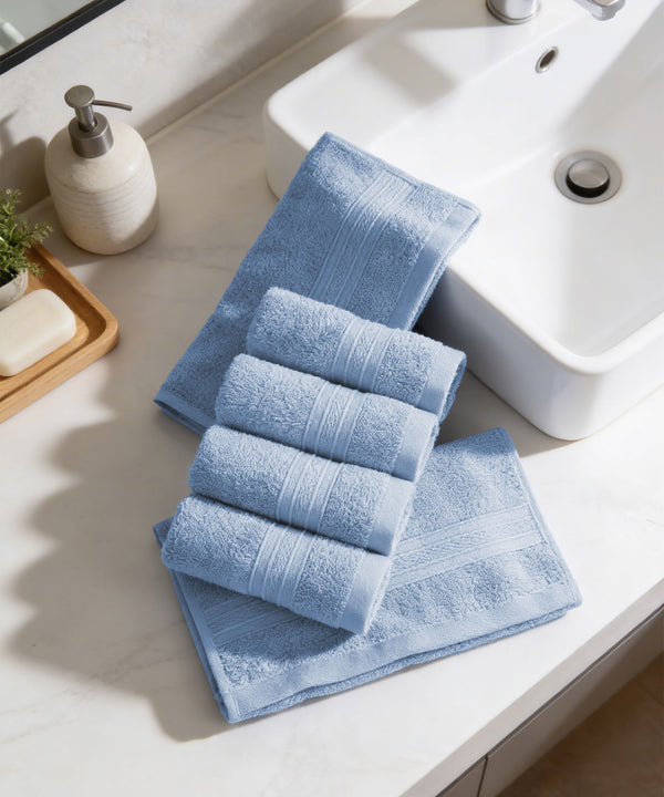 Soft Comfort 6Pc Face Towel Set, Allure, Blue|509 GSM Cotton|Air Rich Technology