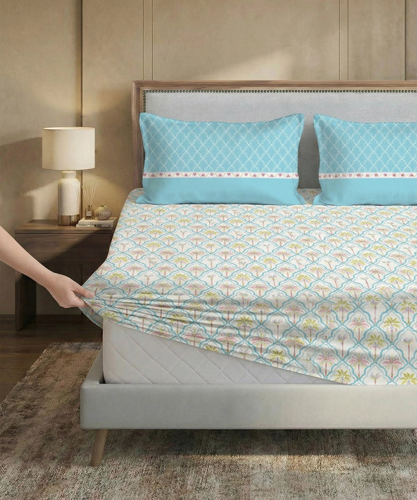Soft Comfort King Fitted Bedsheet Set, Fiona |200TC Cotton|2 Pillow Covers