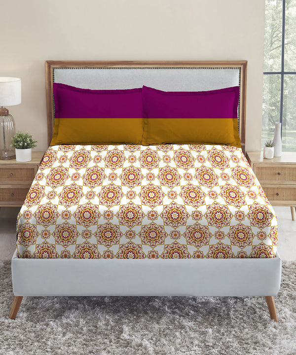 Urban Comfort Queen Bedsheet Set, Majestic Mandala Yellow |144 TC Cotton| 2 Pillow Covers