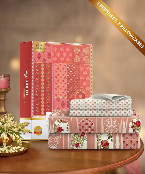 Celebration Queen Bedsheet Set, Aangan Coral| 144 TC Cotton| 2 Pillow Covers