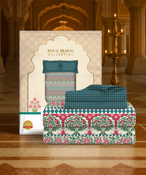 Home Essential Royal Bloom Queen Bedsheet Set, Rosario Teal| 144TC Cotton| 2 Pillow Covers