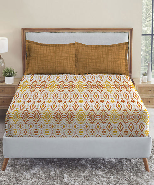 Urban Comfort Queen Bedsheet Set, Aria Yellow |144 TC Cotton| 2 Pillow Covers