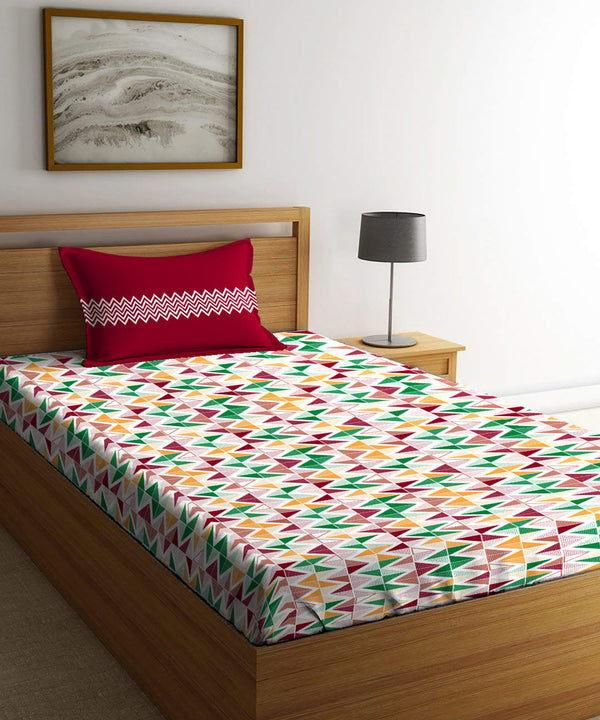 Urban Comfort Single Bedsheet Set, Trippy Triangles Red |144 TC Cotton| 2 Pillow Covers