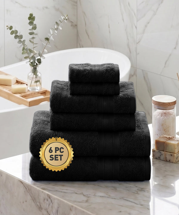 Soft Comfort 6Pc Towel Set, Black|509 GSM Cotton|Air Rich Technology