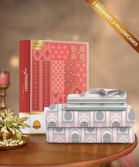 Celebration Queen Bedsheet Set, Mehira Pink | 144 TC Cotton| 2 Pillow Covers