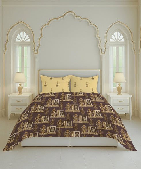 Home Essential Royal Bloom Queen Bedsheet Set, Mirabella Ochre | 144TC Cotton| 2 Pillow Covers