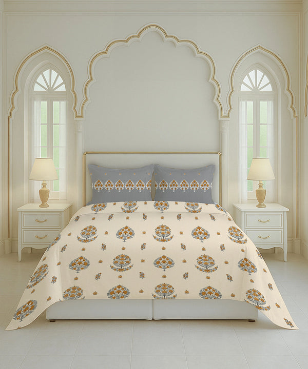 Home Essential Royal Bloom Queen Bedsheet Set, Lindon Grey| 144TC Cotton| 2 Pillow Covers