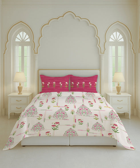 Home Essential Royal Bloom Queen Bedsheet Set, Gilded Dream Pink| 144TC Cotton| 2 Pillow Covers