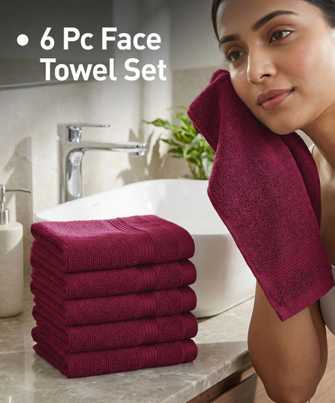 Urban Comfort 6Pc Face Towel Set, Wine Red| 450 GSM | 100% Cotton