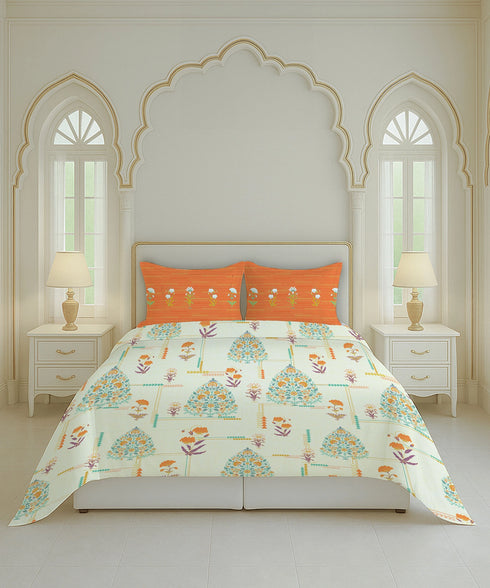 Home Essential Royal Bloom Queen Bedsheet Set, Gilded Dream Orange| 144TC Cotton| 2 Pillow Covers