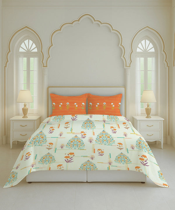 Home Essential Royal Bloom Queen Bedsheet Set, Gilded Dream Orange| 144TC Cotton| 2 Pillow Covers