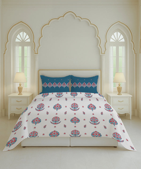 Home Essential Royal Bloom Queen Bedsheet Set, Lindon Blue| 144TC Cotton| 2 Pillow Covers