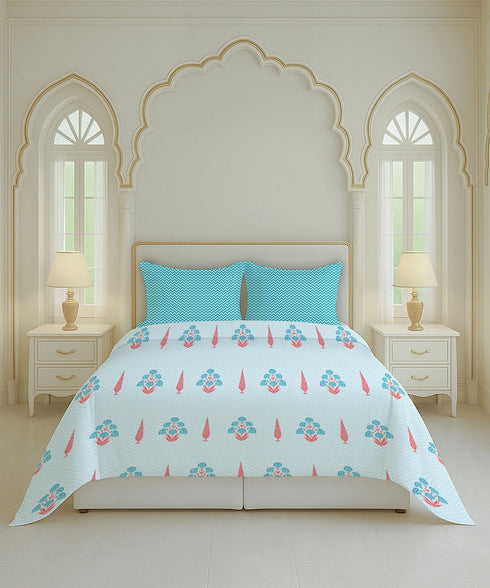 Home Essential Royal Bloom Queen Bedsheet Set, Raya Blue| 144TC Cotton| 2 Pillow Covers