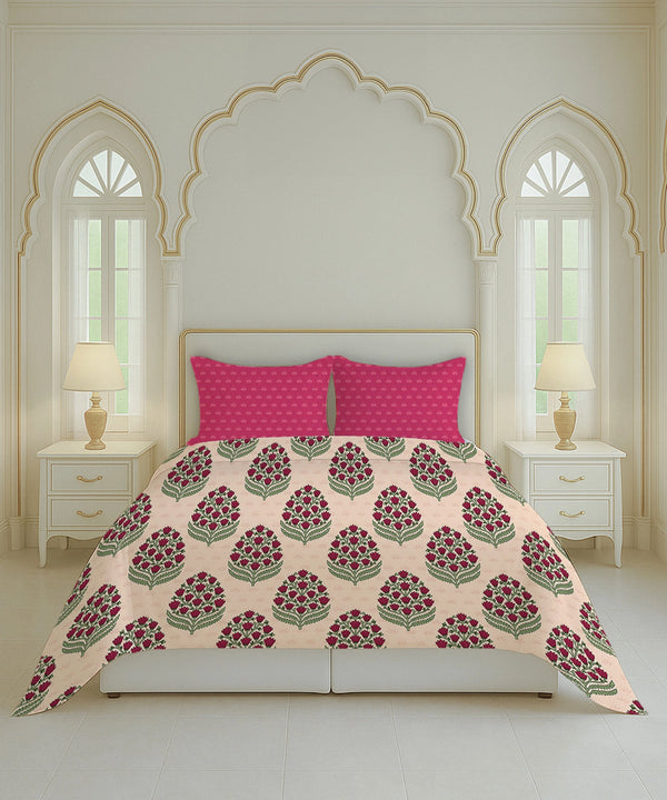 Home Essential Royal Bloom Queen Bedsheet Set, Dhalia Pink| 144TC Cotton| 2 Pillow Covers