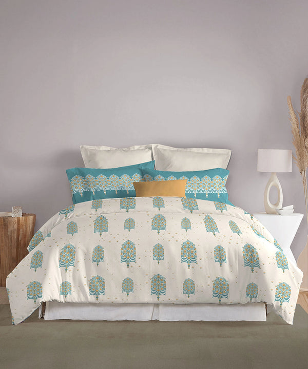 Celebration Queen Bedsheet Set, Saanjh Teal | 144 TC Cotton| 2 Pillow Covers