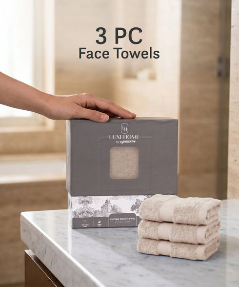 Luxehome Supima Cotton 3 Pc Face Towel Set, Dark Sand| 600 GSM | 100% Supima Cotton