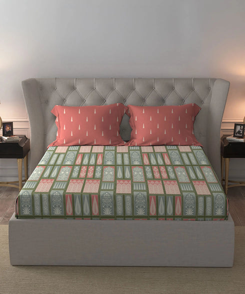 Celebration Queen Bedsheet Set, Gharana Sage | 144 TC Cotton| 2 Pillow Covers