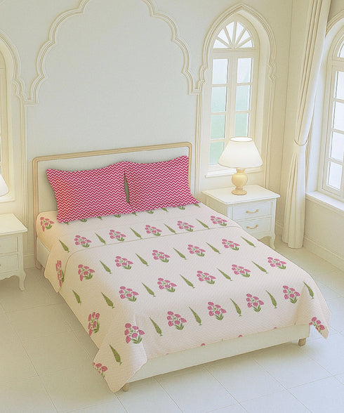 Home Essential Royal Bloom Queen Bedsheet Set, Raya Pink| 144TC Cotton| 2 Pillow Covers