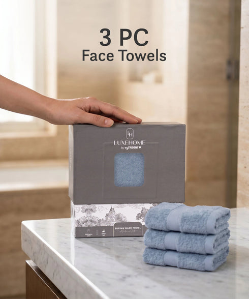 Luxehome Supima Cotton 3 Pc Face Towel Set, Dusty Blue| 600 GSM | 100% Supima Cotton