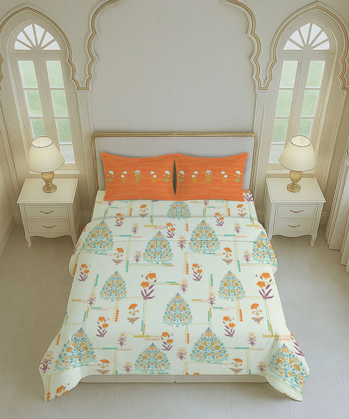 Home Essential Royal Bloom Queen Bedsheet Set, Gilded Dream Orange| 144TC Cotton| 2 Pillow Covers