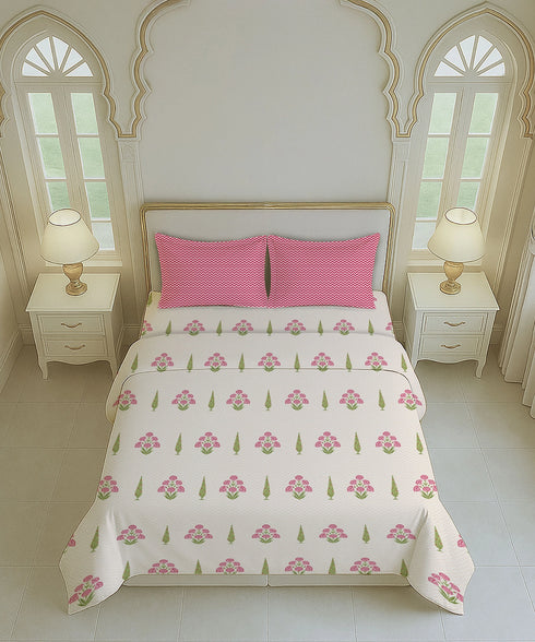 Home Essential Royal Bloom Queen Bedsheet Set, Raya Pink| 144TC Cotton| 2 Pillow Covers