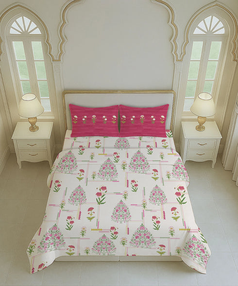 Home Essential Royal Bloom Queen Bedsheet Set, Gilded Dream Pink| 144TC Cotton| 2 Pillow Covers