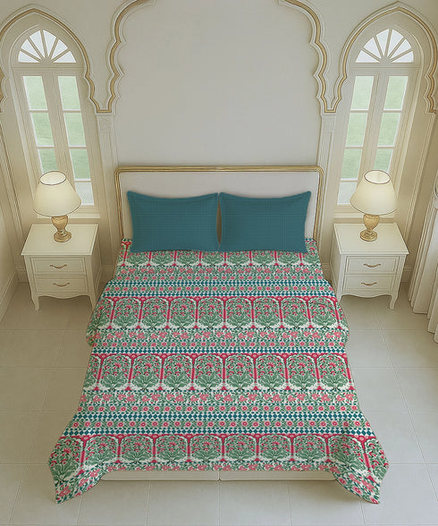 Home Essential Royal Bloom Queen Bedsheet Set, Rosario Teal| 144TC Cotton| 2 Pillow Covers