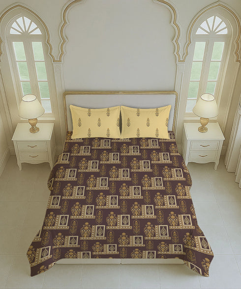 Home Essential Royal Bloom Queen Bedsheet Set, Mirabella Ochre | 144TC Cotton| 2 Pillow Covers