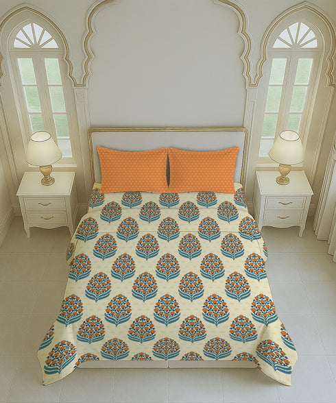 Home Essential Royal Bloom Queen Bedsheet Set, Dhalia Orange| 144TC Cotton| 2 Pillow Covers