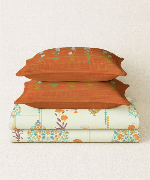 Home Essential Royal Bloom Queen Bedsheet Set, Gilded Dream Orange| 144TC Cotton| 2 Pillow Covers