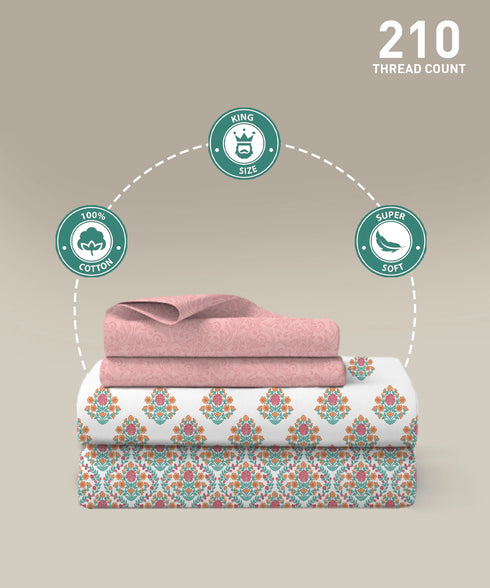 Soft Comfort King Bedsheet Set, Cascade | 200 TC Cotton|2 Pillow Covers