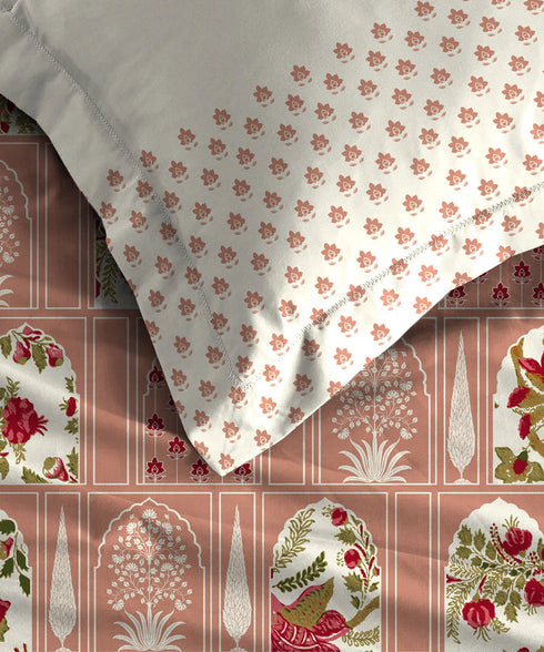 Celebration Queen Bedsheet Set, Aangan Coral| 144 TC Cotton| 2 Pillow Covers