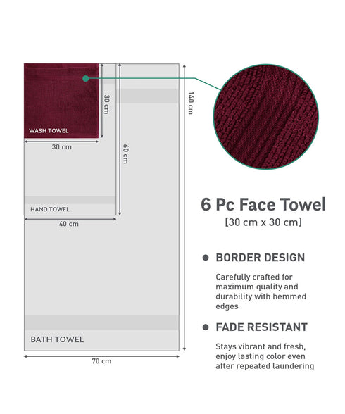 Urban Comfort 6Pc Face Towel Set, Wine Red| 450 GSM | 100% Cotton