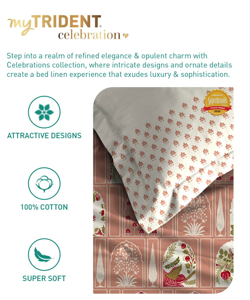 Celebration Queen Bedsheet Set, Aangan Coral| 144 TC Cotton| 2 Pillow Covers