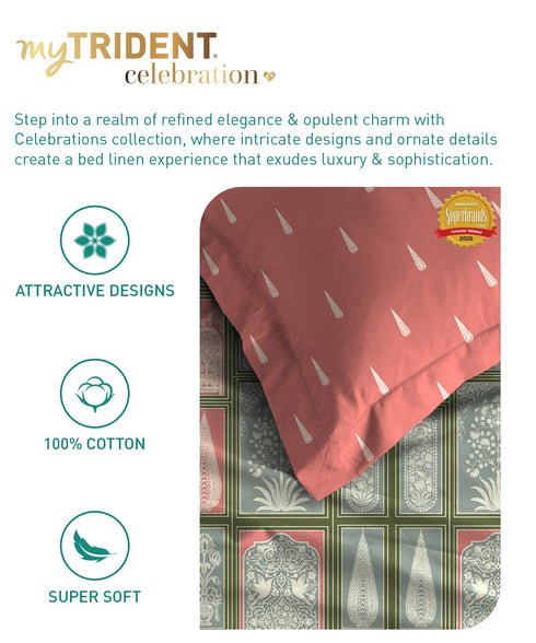 Celebration Queen Bedsheet Set, Gharana Sage | 144 TC Cotton| 2 Pillow Covers