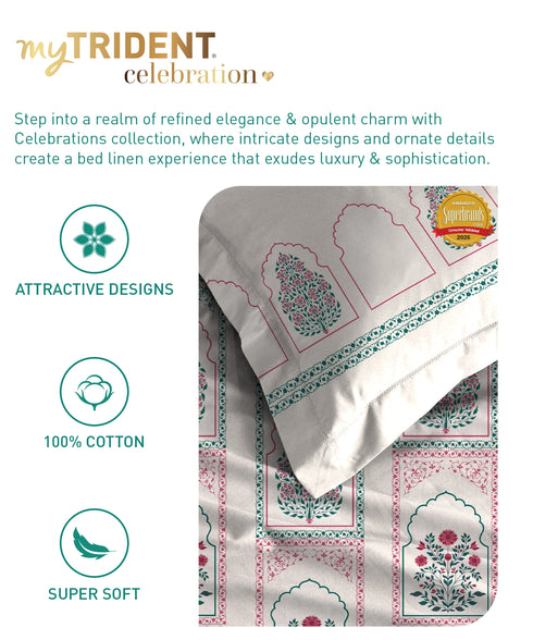Celebration Queen Bedsheet Set, Mehira Pink | 144 TC Cotton| 2 Pillow Covers