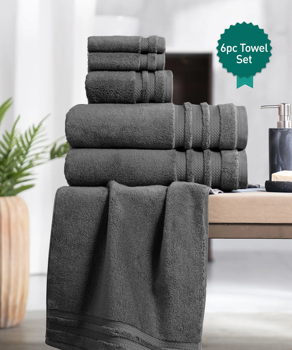 Luxury 6 PC Towel Set, Charcoal|625 GSM Cotton|Anti Microbial