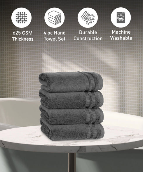 Luxury 4 PC Hand Towel Set, Charcoal|625 GSM Cotton|Anti Microbial