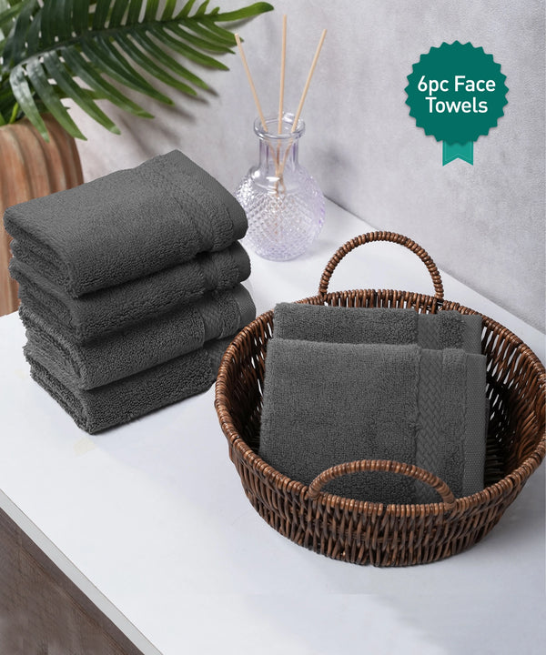 Luxury 6 PC Face Towel Set, Charcoal|625 GSM Cotton|Anti Microbial