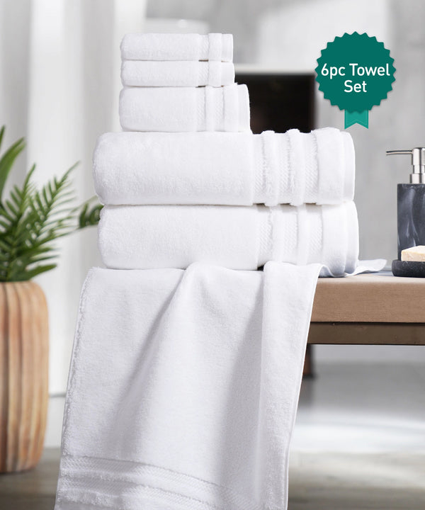 Luxury 6 PC Towel Set, White|625 GSM Cotton|Anti Microbial