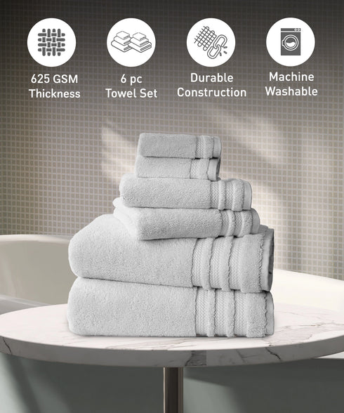 Luxury 6 PC Towel Set, Grey|625 GSM Cotton|Anti Microbial