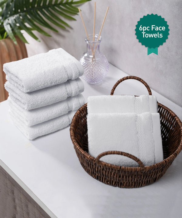 Luxury 6 PC Face Towel Set, White|625 GSM Cotton|Anti Microbial