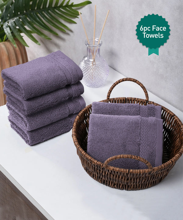 Luxury 6 PC Face Towel Set, Purple|625 GSM Cotton|Anti Microbial