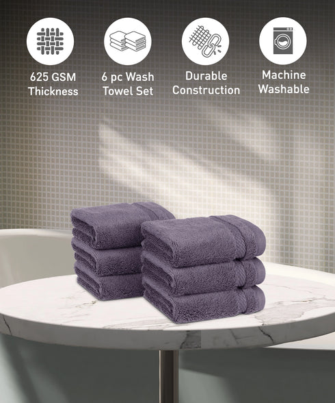 Luxury 6 Pc Face Towel Set, Purple|625 GSM Premium Cotton| Antimicrobial