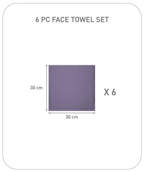 Luxury 6 Pc Face Towel Set, Purple|625 GSM Premium Cotton| Antimicrobial